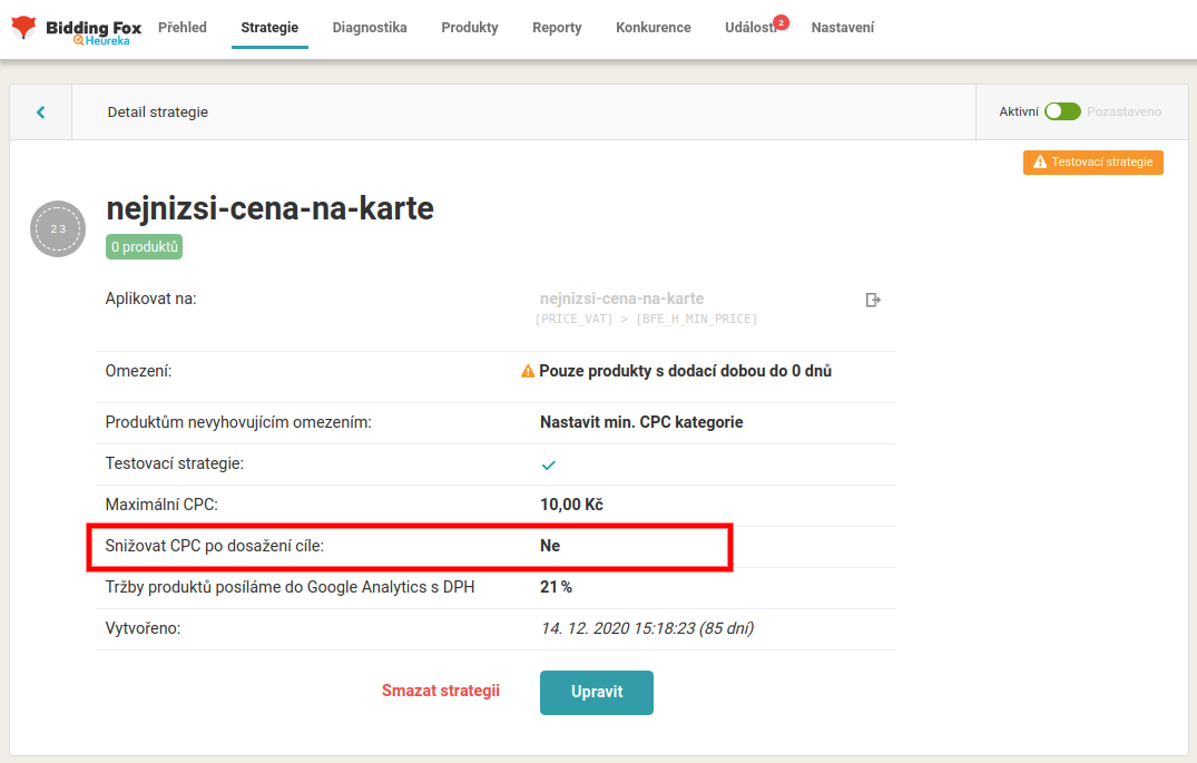 Informace o snižování CPC po dosažení cíle v detailu strategie.
