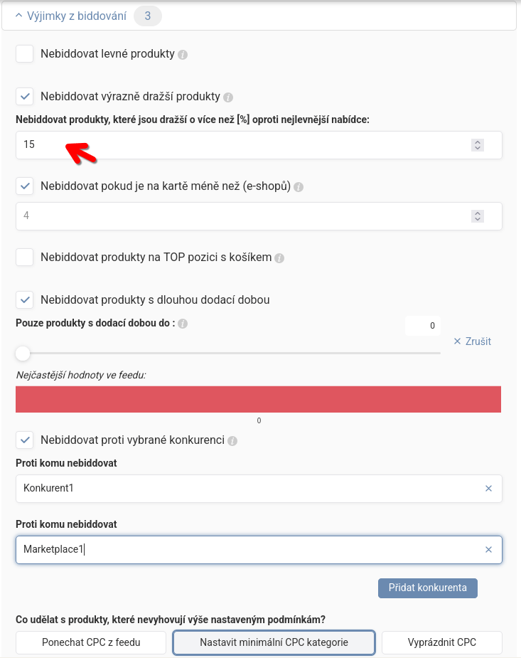Ukázka možností nastavení výjimek z biddování v aplikaci Bidding Fox.