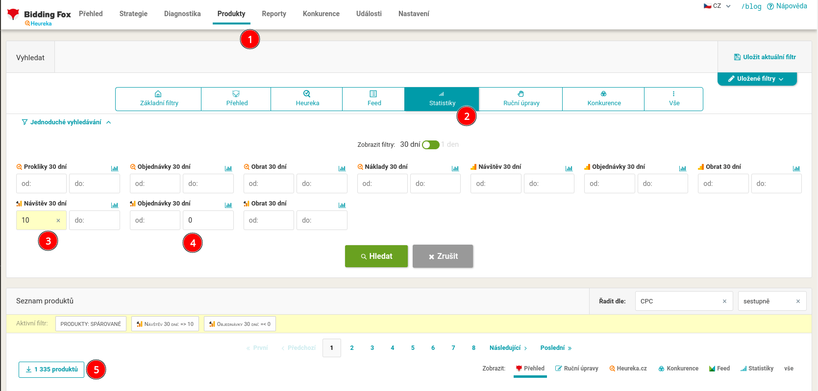 Filtrování produktů dle statistik GA4