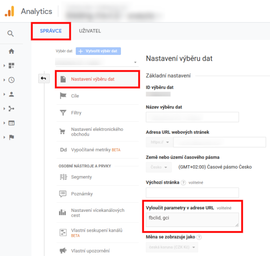 Odstranění parametrů z URL adres v Google Analytics