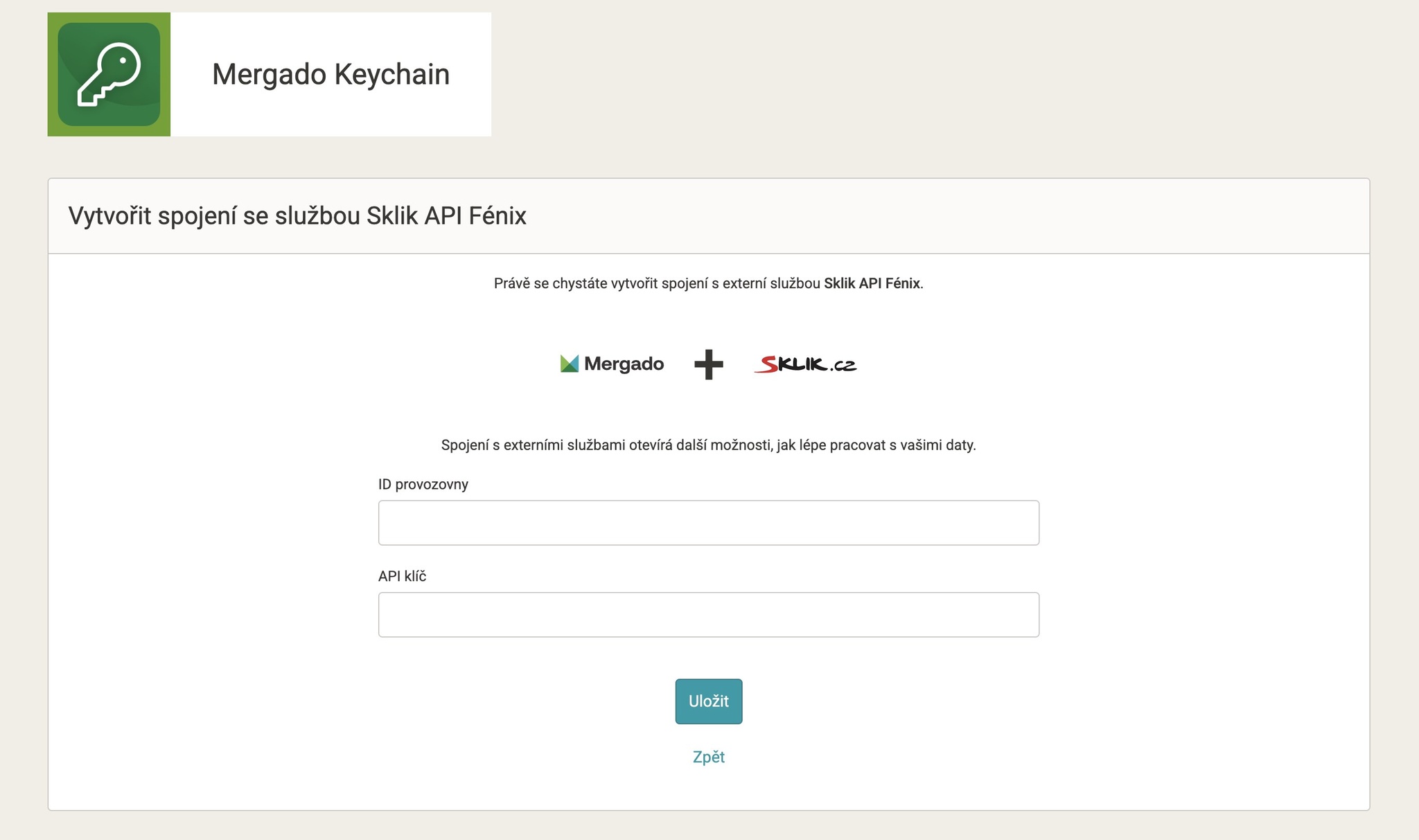 Vytvoření spojení v Mergado Keychain